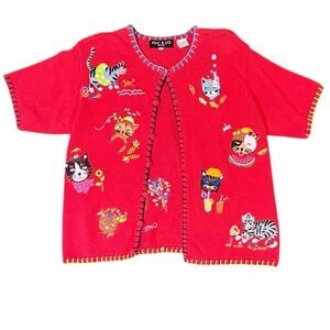 Vintage Kitten Embroidered Cat Sweater Cardigan  Novelty M.C. & Co PS Red